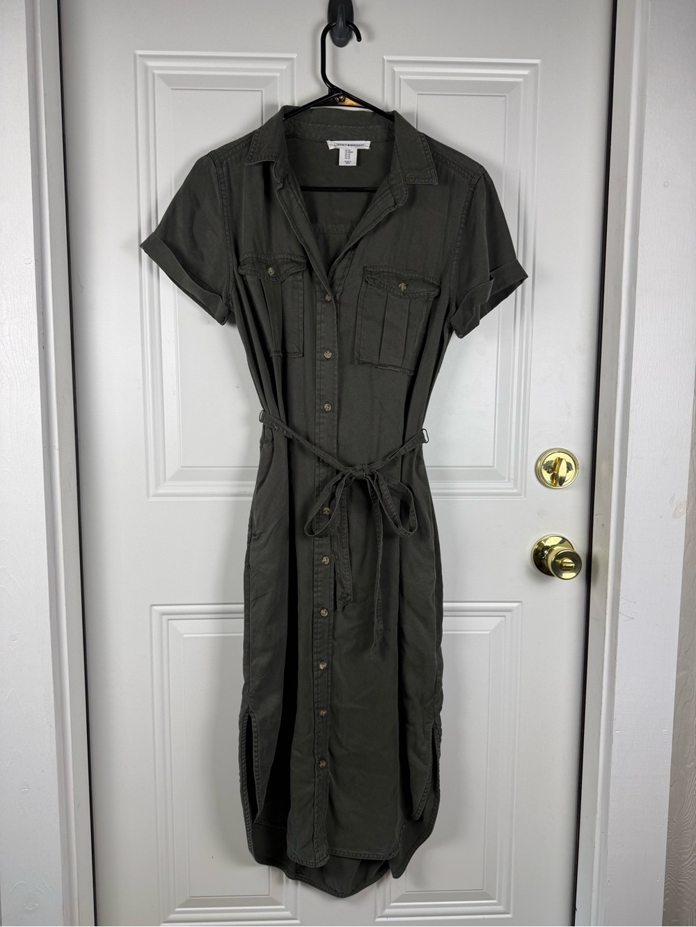 Lucky Brand Olive Green Button-Front Midi Shirt Dress